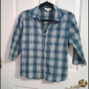 Dressbarn Teal Plaid 3/4 Sleeves Button Down Country Rodeo Festival Shirt M